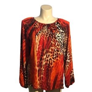 Zac Rachel Top LARGE Red Orange Brown Animal Print Long Sl Keyhole Cute